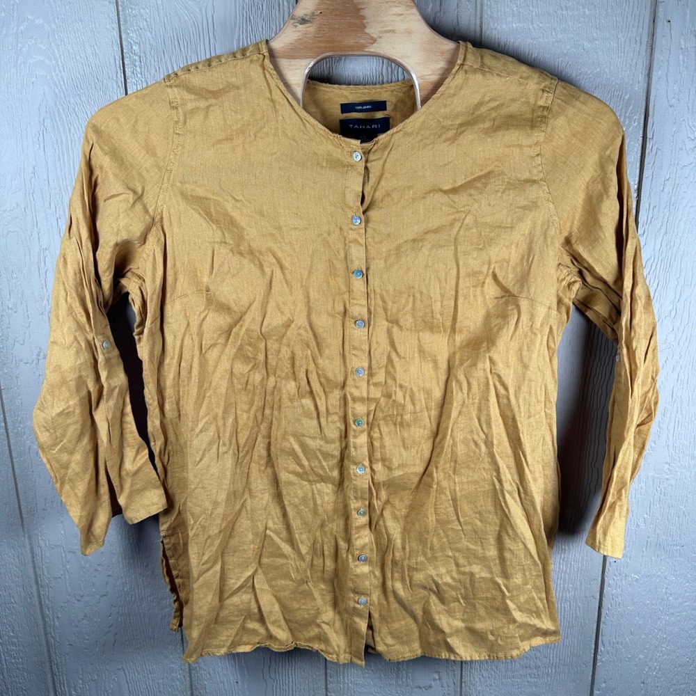 Tahari Linen Button Down Blouse Womens 2X Mustard Yellow Roll Tab Sleeve Tunic